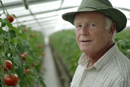 Senior farmer inspecting tomatoes growing in greenhouse