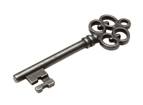 Antique ornate metal skeleton key isolated on transparent background