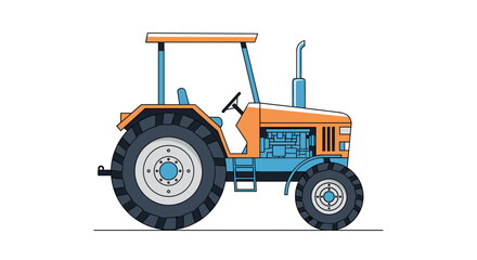 Fototapeta premium A bright orange and blue tractor with a canopy sits on a white background ready for agricultural work