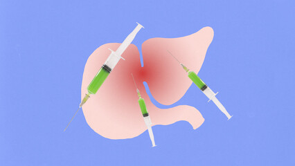 Three green-filled syringes point toward a liver illustration marked with red gradient pain zone....