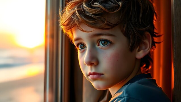 A young boy with curly hair looking out of a window at sunset with a thoughtful expression on his face