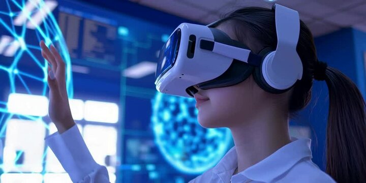 School student using VR headset with AI in classroom