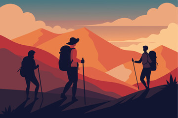 Obraz premium Three silhouetted hikers ascend orange mountains using poles during a picturesque sunset