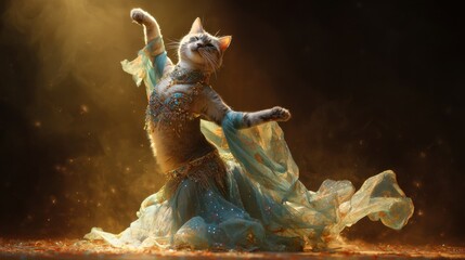 A magical cat dressed in a stylish belly dance costume, dancing with graceful movements. Her outfit features sequins, colorful tulle, and a flowing skirt. 