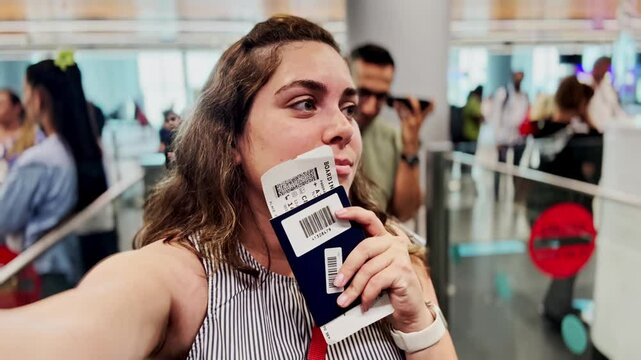 Happy Woman Takes Selfie with Passport at Airport Gate