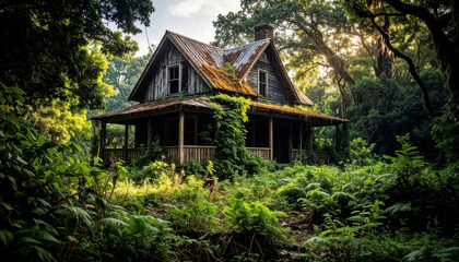 An old abandoned house with overgrown plants