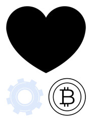 Black heart symbolizes love, blue gear represents innovation, and Bitcoin logo reflects digital currency. Ideal for technology, innovation, finance, cryptocurrency, blockchain, love modern trends
