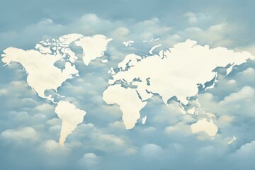 World map made of old paper is floating over soft blue clouds, representing global geography