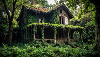 An old abandoned house with overgrown plants