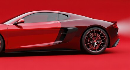 Sleek red sports car side view on vibrant red background