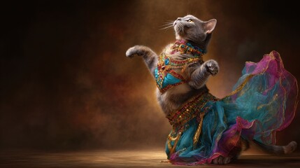 A magical cat dressed in a stylish belly dance costume, dancing with graceful movements. Her outfit features sequins, colorful tulle, and a flowing skirt. 