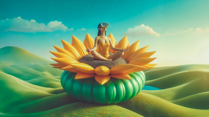 Young woman meditation in virtual space. Metaverse Virtual Wellness / Sci-fi concept.