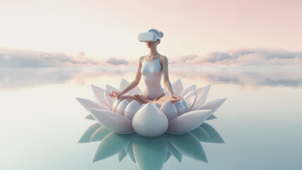 Young woman meditation in virtual space. Metaverse Virtual Wellness / Sci-fi concept.