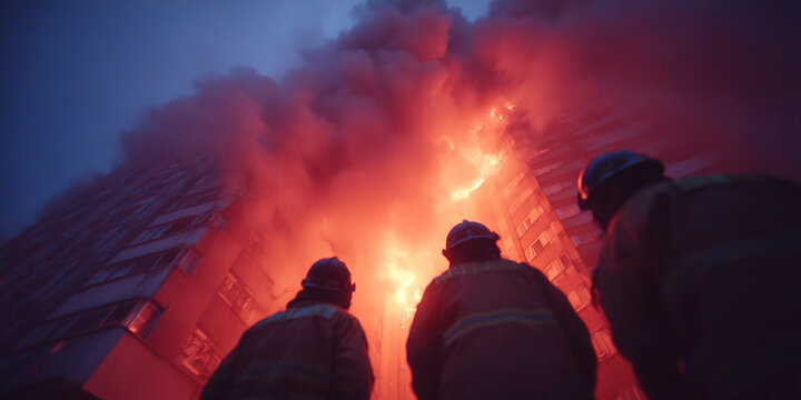 Fire brigade crew fights blaze in high rise building during nighttime emergency response