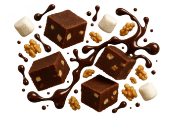 Delicious chocolate fudge with walnuts isolated on a transparent background, yummy