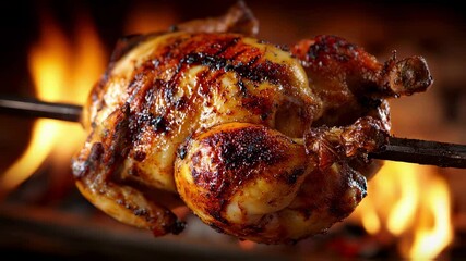 Closeup rotisserie chicken cooking over slow fire, with flames licking skin basting with flavorful drippings. skin begins crisp turn golden brown.