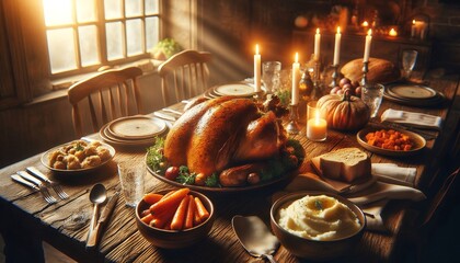 Rustic Holiday Feast with Roasted Turkey and Candlelight 8K Resolution