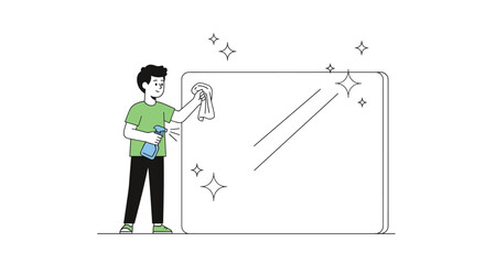 Person cleaning a large window with spray bottle and cloth showing sparkles