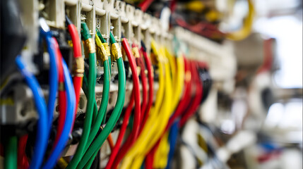 Modern electrical panel with colorful wires, abstract industrial energy in motion