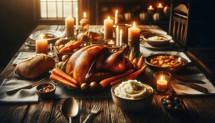 Rustic Holiday Feast with Roasted Turkey and Candlelight 8K Resolution