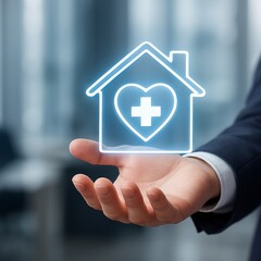 A hand presents a glowing house icon with a heart and medical cross, symbolizing healthcare at home.