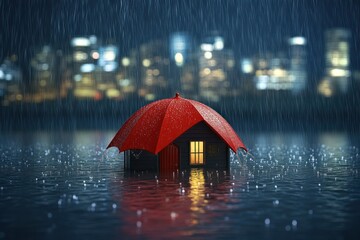 House Under Red Umbrella During Flood in City at Night