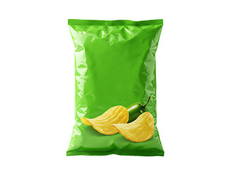 Green bag of jalape o flavored potato chips with chips and pepper isolated on transparent background