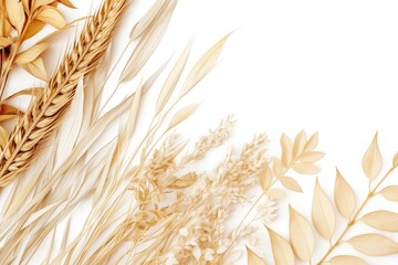 Abstract composition of dry wheat and leaves on white background with space for text or design