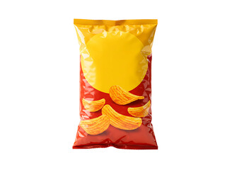 Yellow bag of spicy potato chips with chili pepper and potatoes isolated on transparent background