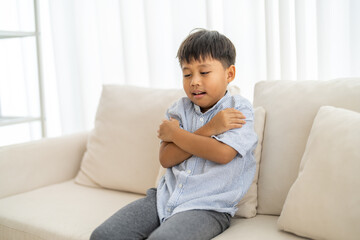 Asian boy  feeling chills or sickness, recovering from illness, cold and unwell, child health care...