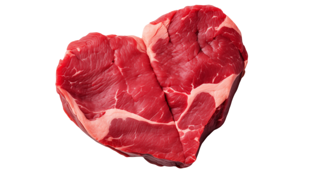 Fresh raw beef steak shaped like a heart, perfect for grilling or Valentine's Day dinner, with a transparent background.