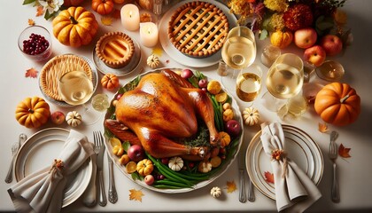 Elegant Thanksgiving Dinner Table with Roasted Turkey and Festive Decor 8K Resolution
