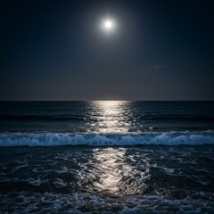 Full Moon Over Dark Ocean at Night