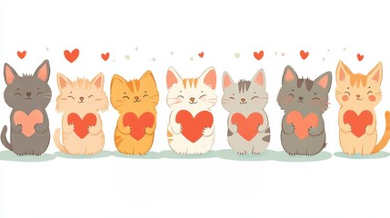 Cute Cats and Valentine: A heartwarming illustration of adorable cats, each clutching a red heart, embodies the spirit of Valentine's Day.