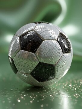 Ein sich drehender Fu&szlig;ball bestehend aus vielen kleinen gl&auml;nzenden Mosaiksteinen - erinnert an eine Discokugel