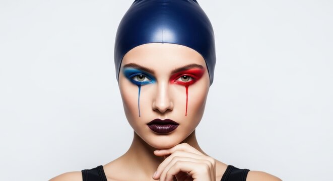 Young caucasian female with avant-garde makeup and blue headpiece on white background
