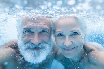 Senior couple underwater smiling, Elderly swimmers happy together, Active lifestyle and fun retirement