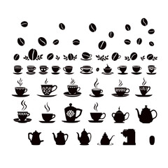 Title: Collection of Coffee-Themed Black Silhouettes Including Beans, Mugs, Steaming Cups, Pots, and Coffee Makers in Flat Style