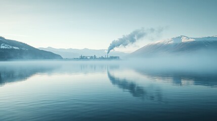 Serene Morning: The tranquil scene of a still lake reflects the sky, mountains, and a distant factory emitting a plume of smoke, suggesting the balance between industrial influence and natural beauty.