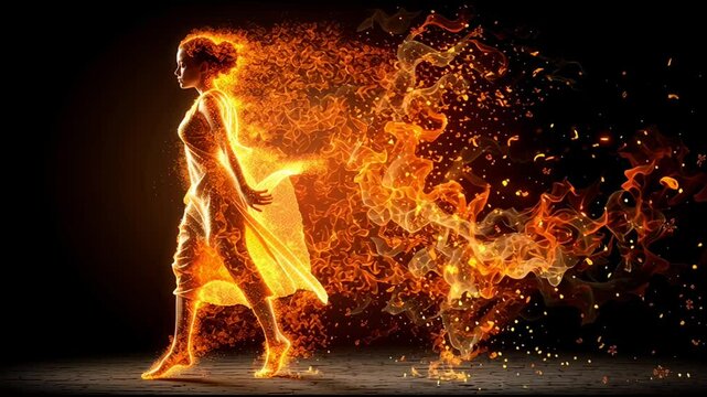 Fiery Path: A solitary figure strides purposefully through a blaze of vibrant energy, embodying resilience and the indomitable human spirit in a powerful and artistic depiction.