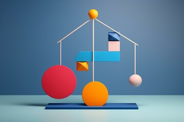 Colorful geometric shapes creatively balanced on a minimalist structure