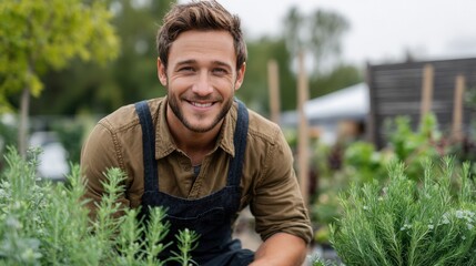 Young caucasian male gardener smiling in lush vegetable garden.