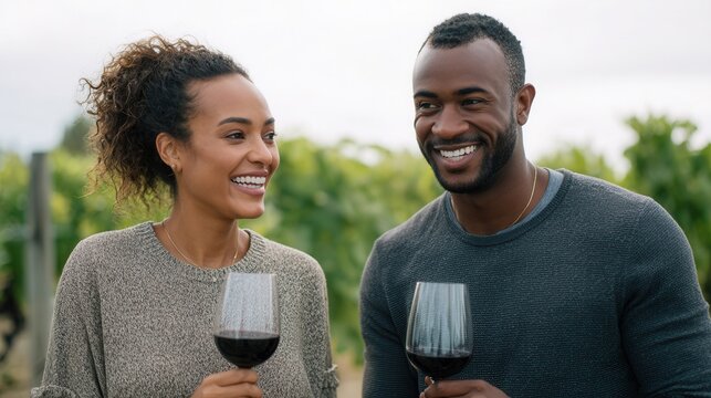 Smiling african adult couple enjoying red wine in vineyard setting.
