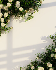 A graceful spread of white roses with lush green leaves on a white background.