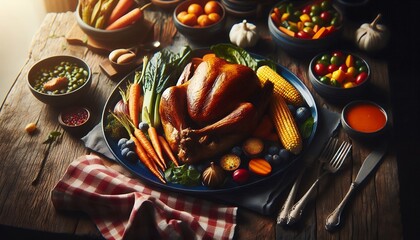Traditional Thanksgiving Feast with Roasted Turkey and Autumn Harvest Sides 8K Resolution