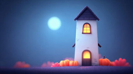 Fototapeta premium Halloween haunted house. Whimsical tower with glowing windows stands under full moon, surrounded by pumpkins in serene night setting