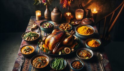 Traditional Thanksgiving Feast with Roasted Turkey and Autumn Harvest Sides 8K Resolution
