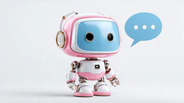 Cute pastel robot character with blue face and speech bubble on white background in cartoon 3D style