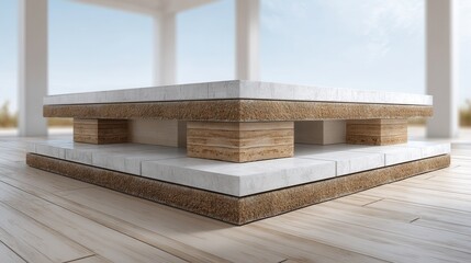 Modern architectural design with stone and wood elements in outdoor space.