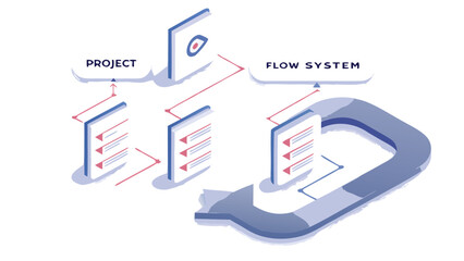 Isometric illustration of project flow system with documents and connected elements shown in detail